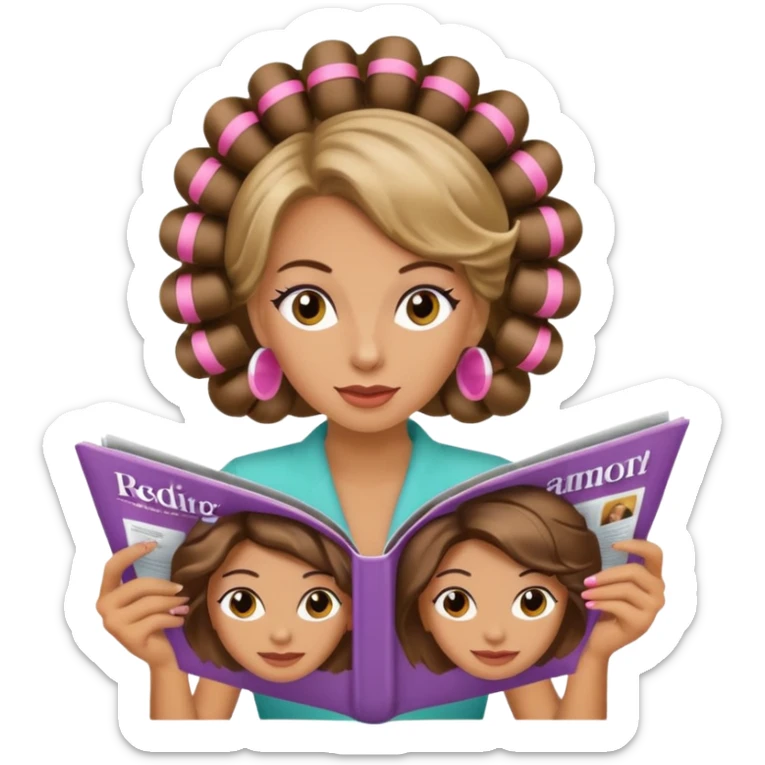 mujer en la peluquería con rulos en la cabeza y leyendo una revista sticker