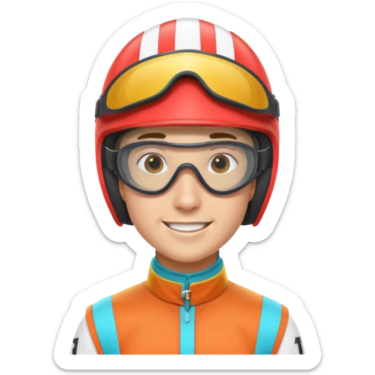 horse race jockey portrait, head and shoulders only, wearing colorful racing helmet and goggles, sporty uniform collar, confident smile, 3D cartoon, mobile game icon style, clean background, no text, no watermark
 sticker