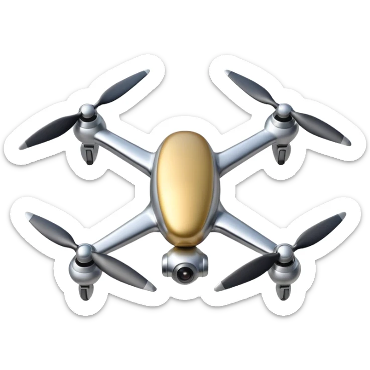 A futuristic drone emoji made of polished silver chrome, smooth rounded body, minimal propellers, reflective metallic surface, soft studio lighting, iOS emoji style, centered, clean white background sticker