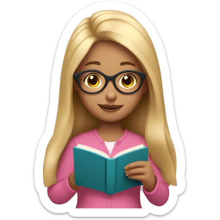 Girl with long blonde hair and glasses reading a pink book sticker