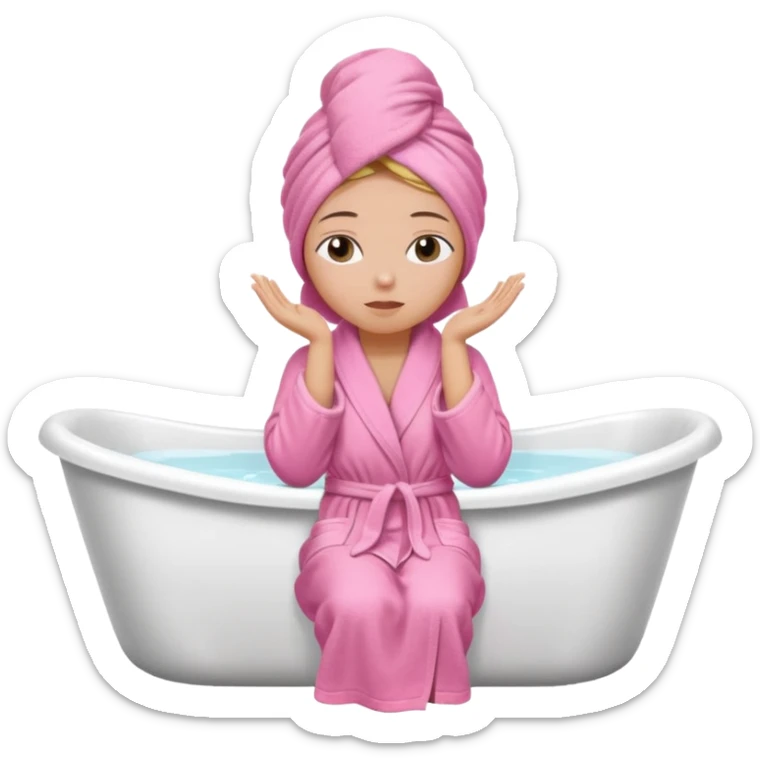 A woman sitting on the edge of a bathtub, wearing a pink bathrobe and towel on her head, one hand on her shoulders and eyes closed  sticker