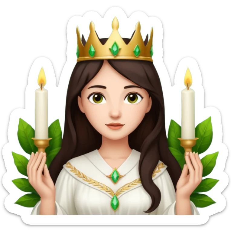  saint lucia with dark brown hair with a white gown and a crown made from greenery with candles on the crown sticker