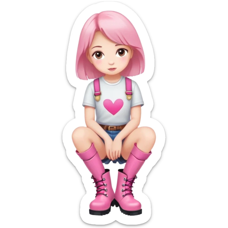  top and skirt with pink inscription “girl”  squatting in pink boots sticker