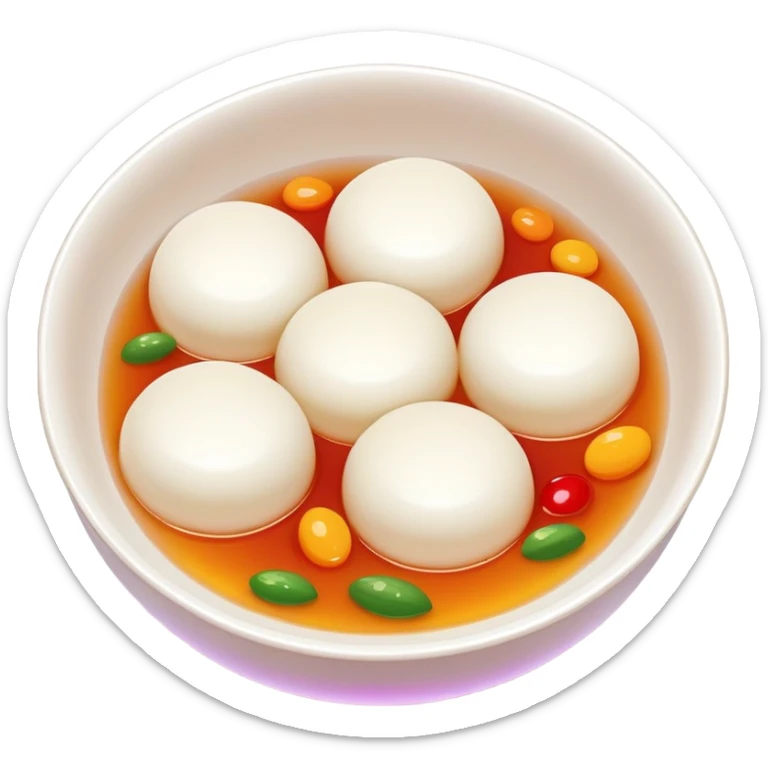 Sweet rice balls Tangyuan in syrup with colorful fillings, simplified emoji style with bold outlines and bright colors, cartoon style traditional Chinese dessert sticker
