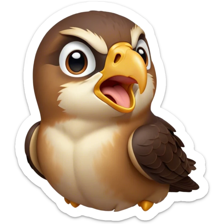 Cinematic Cute Yawning Falcon Portrait Emoji, Head tilted slightly with a dramatic, wide-open yawn, showcasing a streamlined, powerful form with a softly drooping beak and sleepy, half-closed eyes, Simplified yet irresistibly adorable features, highly detailed, glowing with a soft, cozy glow, high shine, relaxed yet expressive, stylized with a dash of whimsical aerial charm, soft glowing outline, capturing the essence of a drowsy yet affectionate falcon that appears ready to stretch out for a nap! sticker