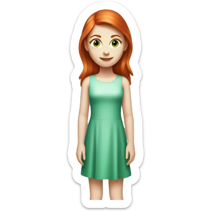 girl with straight red hair and light blue eyes, white skin in a green shiny dress sticker