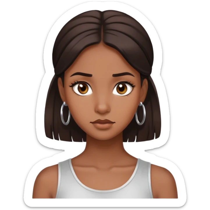 Could you make me a brown skin girl with dark brown medium length hair and dark brown eyes with silver hoop earrings with a normal face expression  sticker
