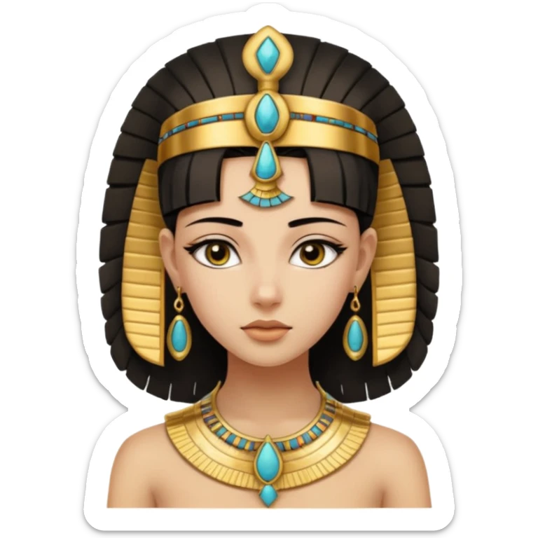 An emoji portrait of a young ancient Egyptian princess. She wears a broad gold collar necklace and a detailed nemes headdress. Her expression is serene and poised. sticker