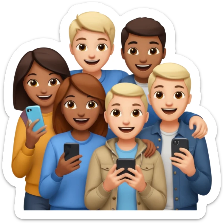 I want to generate an image to show a group of friends playing a mobile game sticker