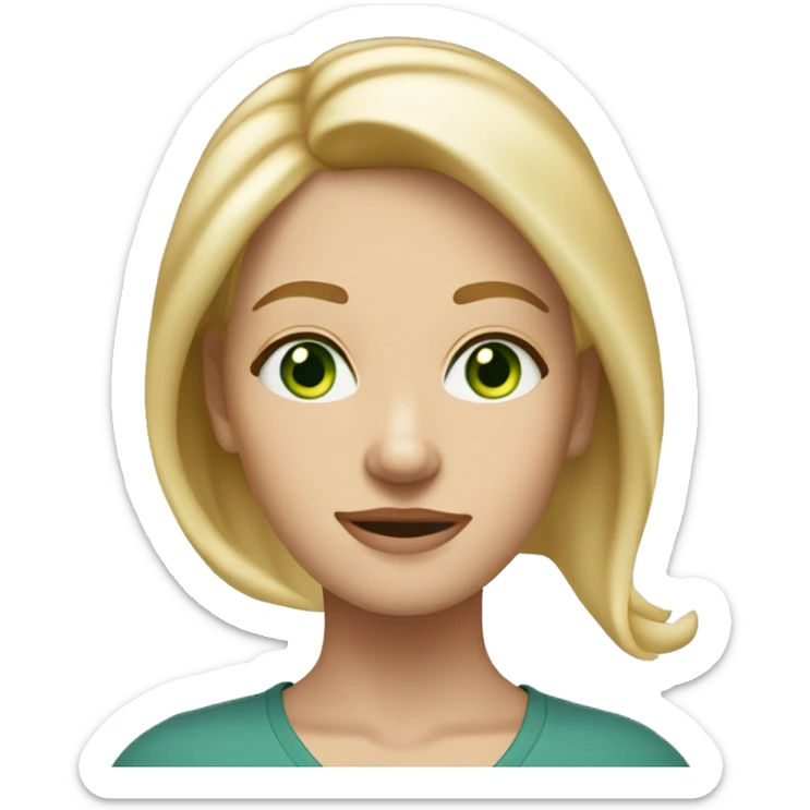 A tall slim mid length blonde haired woman with a central parting with bluey green eyes, a freckle on the right cheek and quite a round face sticker