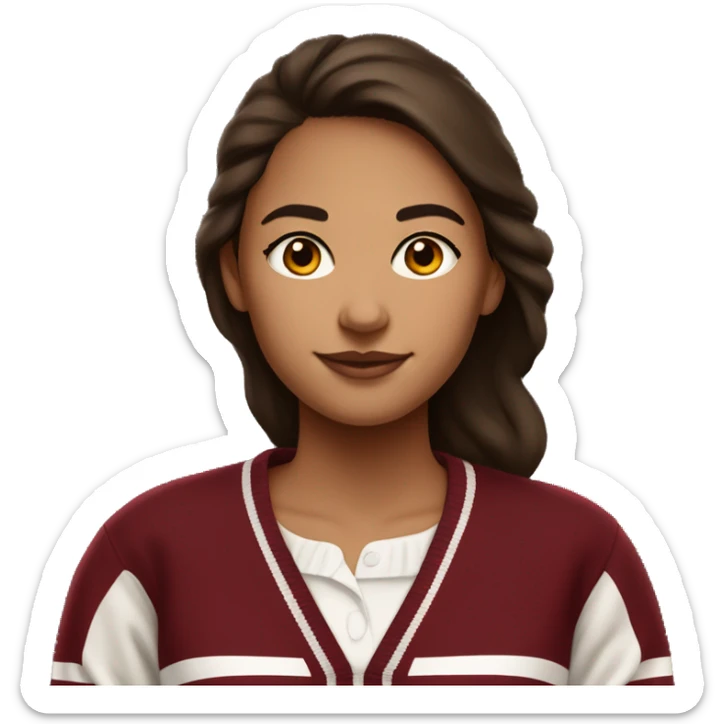 Girl with olive skin and brown hair wearing a dark red and white Harvard University sweater with the Harvard logo on it sticker