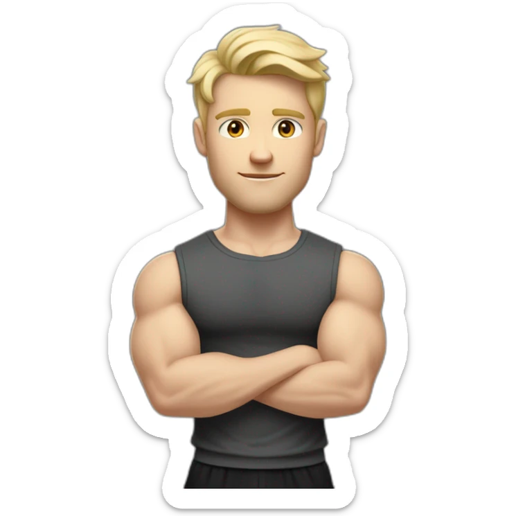 Full height Pale skinned fit man With the biceps and blonde hair In dark gray sleeveless mike, black oversize sports shorts, watch and white sneakers. his arms crossed over his chest sticker