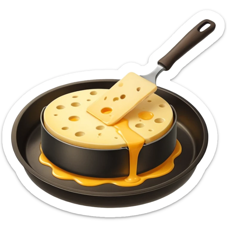 Emoji of raclette cheese being scraped with a metal spatula, melted cheese flowing, warm golden colors, modern emoji style, clean outlines, transparent background sticker