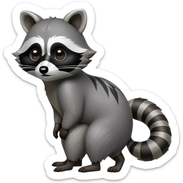 Cinematic-Raccoon-Realistic-hunched Full-Body-Standing on all fours-Emoji – Tail flicking lazily, head tilted dramatically, thick grey fur with a signature black mask, sharp and alert ears, simplified yet realistic focused features, highly detailed, glowing with an almost sarcastic glow. sticker