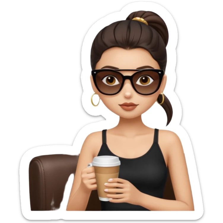 generate a pretty fair bratz girl with dark brown eyes, dark brown eyes tied into a slick back ponytail, thin brown sunglasses. Wearing a black cami top and drinking coffee, high cheekbones sticker
