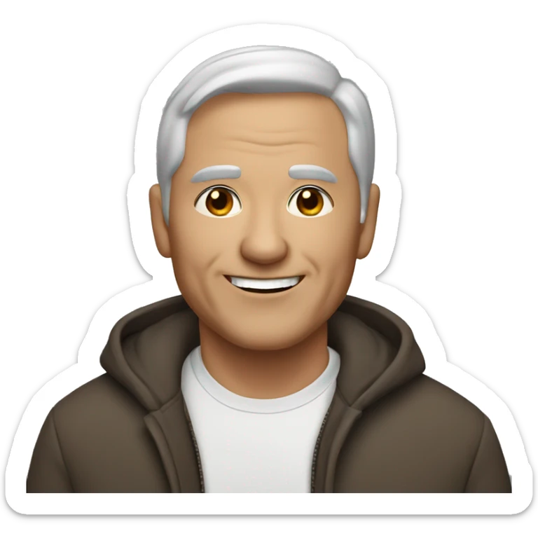 An older man with light skin, short dark brown  hair, a smiling face without a beard and fit sticker