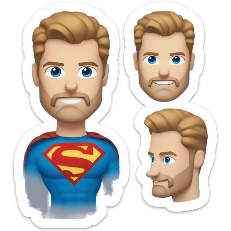 White superman, redish hair, blue eyes, redish brownish facial hair sticker