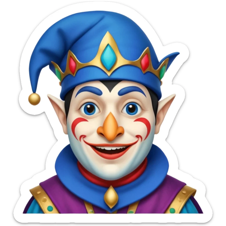crazy funny colorful real penguin jolly joker, medieval, vintage, court jester, mac os icon, blue color sticker