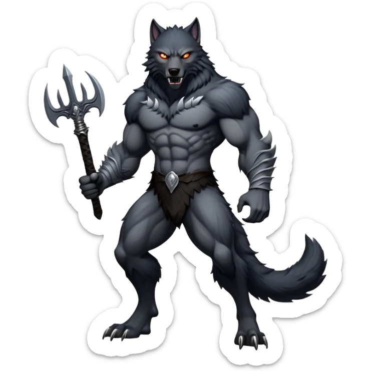 cinematic-noble-fierce-werewolf-full body-emoji, poised-and-imposing, with a tall, slender yet muscular frame inspired by the brutal, imposing shape of the beast from Berserk, fur rippling in shades of midnight black and silver, eyes glowing with an intense, primal ferocity, reflecting the untamed power of the wild moonlit night; rendered with realism sticker