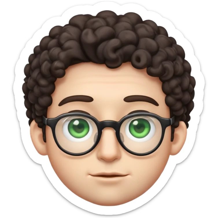 young male emoji with wide face, fuller lips, very poofy voluminous dark slightly curly hair, big ears, pale skin, glasses, green eyes set wider apart, very light stubble sticker