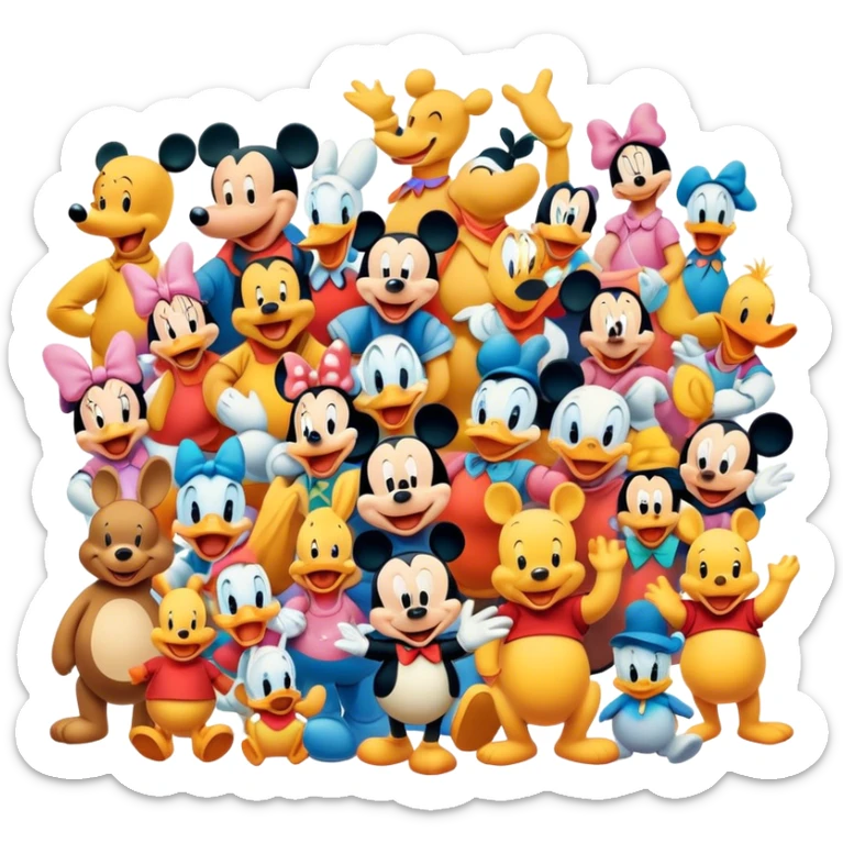 A colorful, playful close-up collage of classic cartoon characters like Goofy, Mickey Mouse, Donald Duck, Winnie-the-Pooh, and others. Bright, vibrant colors with cheerful expressions. Whimsical and nostalgic style. Transparent background. sticker