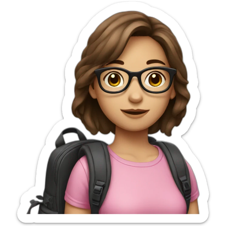 a girl with brown hair, wearing black-rimmed glasses, with a backpack, in a pink top sticker