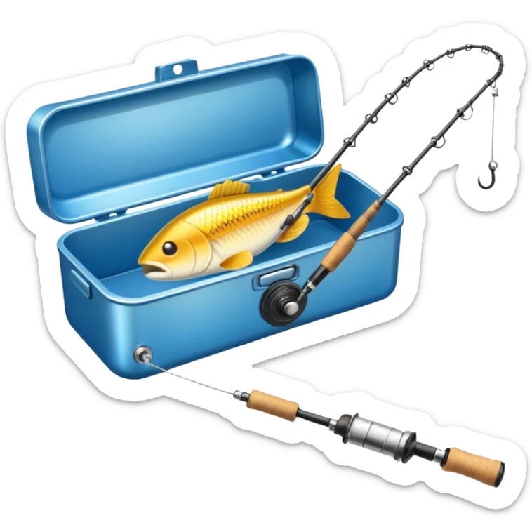 A fishing rod with reel and line neatly coiled beside a bait box. sticker