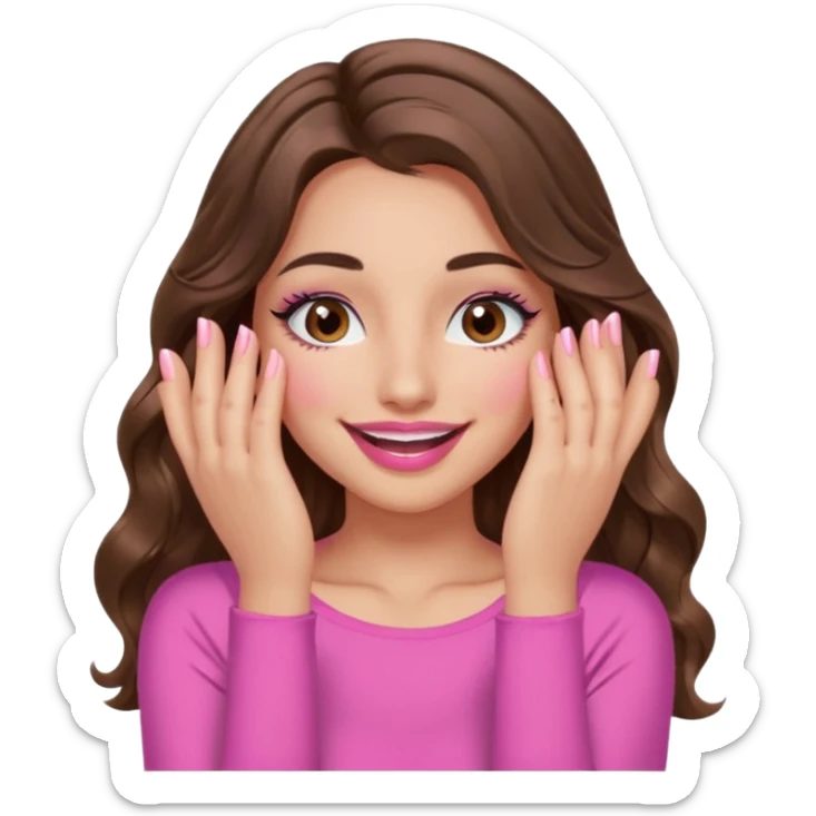 girl with long wavy brown hair, brown eyes, long lashes, sexy pink lips, light to medium complexion, wearing a pink sexy top, smiling, hands covering over the eyes sticker