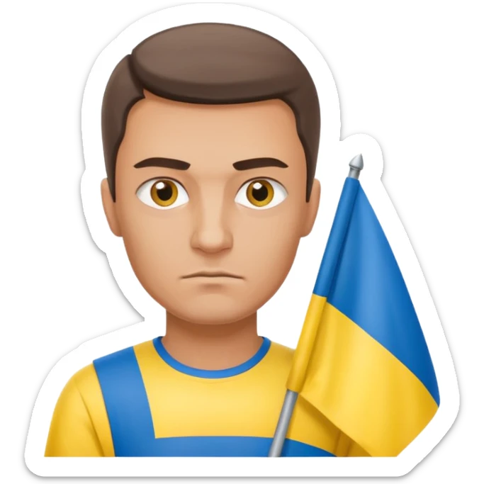 photorealistic Ukrainian man with the flag of Ukraine sticker