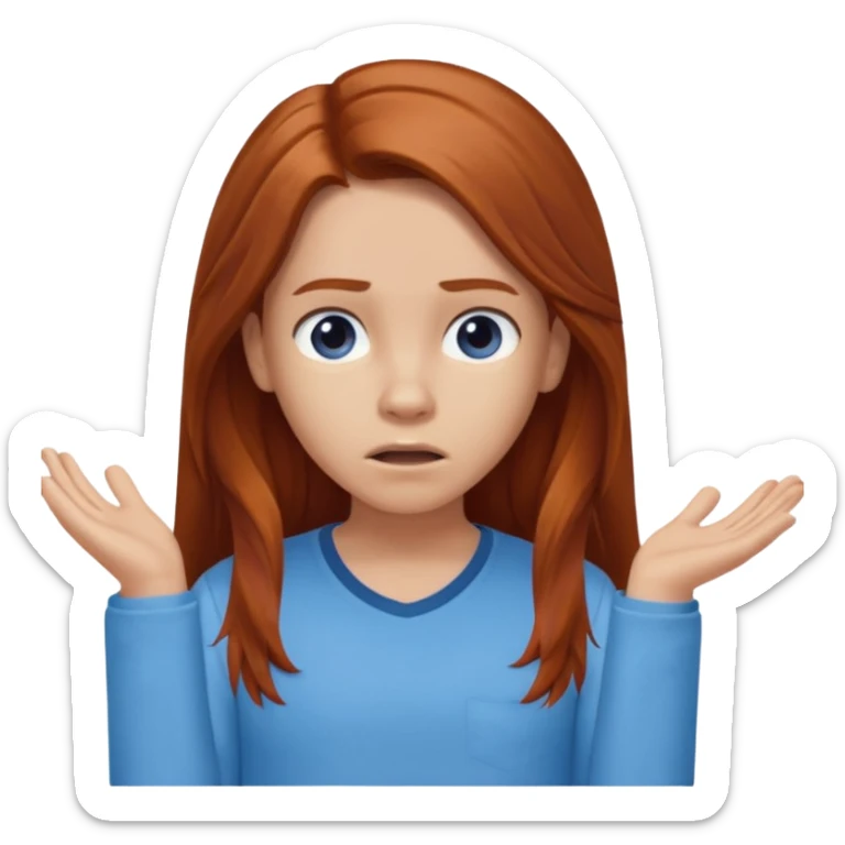 shrugging confused emoji tween long auburn hair light blue shirt with a darker blue L sticker