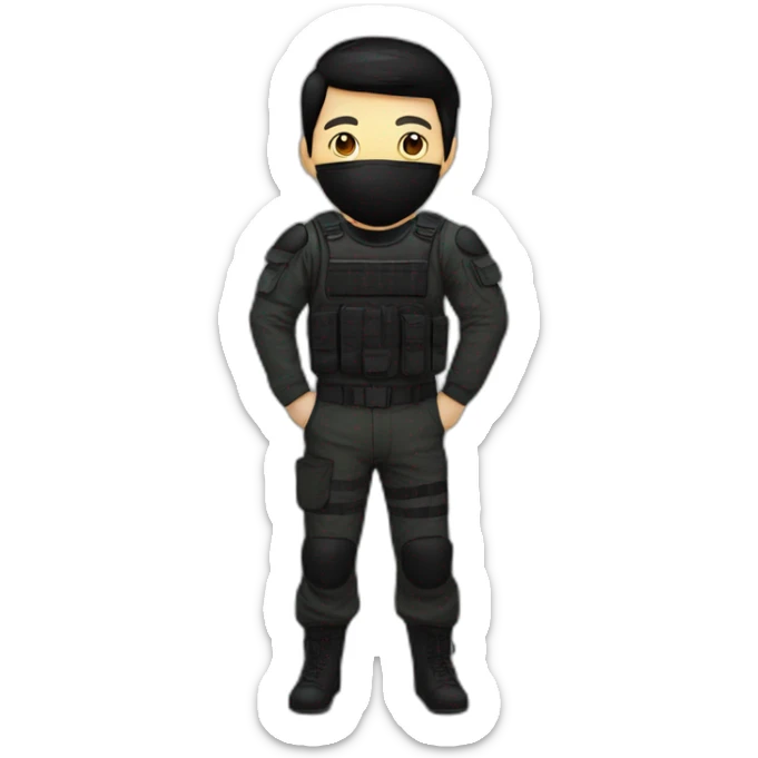 Poker face man, black hair and black mouth mask and black military pants sticker