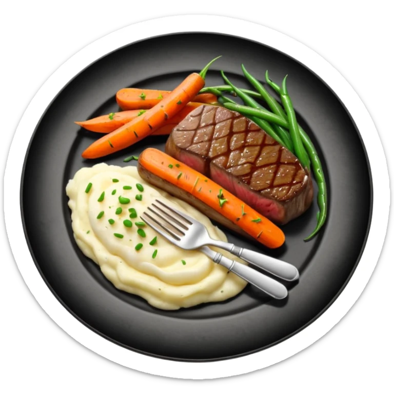 Medium rare Wagyu steak on a bed of creamy garlic mash potatoes couples with pan seared carrots and  green beans sticker