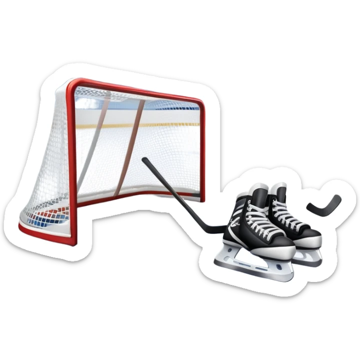 An icon showing a hockey stick, puck, skates, and goalposts on the ice. The background features a large hockey stadium with cheering fans, bright lights, and a snowy landscape visible through the arena. Transparent background highlights the main hockey equipment and atmosphere. sticker