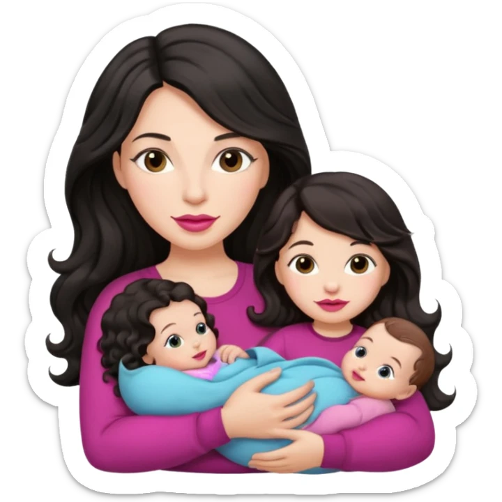 Beautiful Mother long black wavy  hair pink lipstick  holding 1 one infant brown hair fair skin sticker