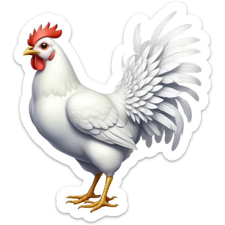 cinematic-[white chicken]-realistic-full-body-perched-emoji,-wings-tucked-neatly,-head-tilted-dramatically,-sleek-[white]-feathers,-simplified-yet-realistic-focused-features,-highly-detailed,-glowing-with-an-almost-sarcastic-glow sticker