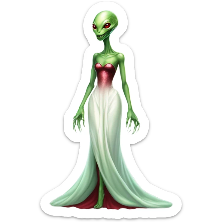 reptilian green alien woman, in long slim pastel color:#FFFFFF formal party satin dress with gradient shiny sparkling dark red, full figure, full body sticker