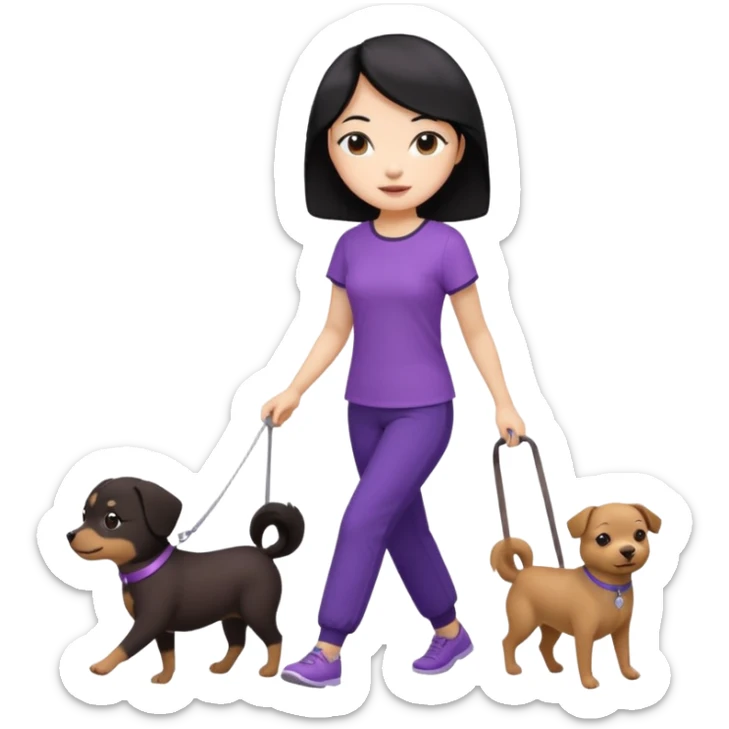 black hair Chinese woman wearing purple top and black pants walking a small brown dog sticker
