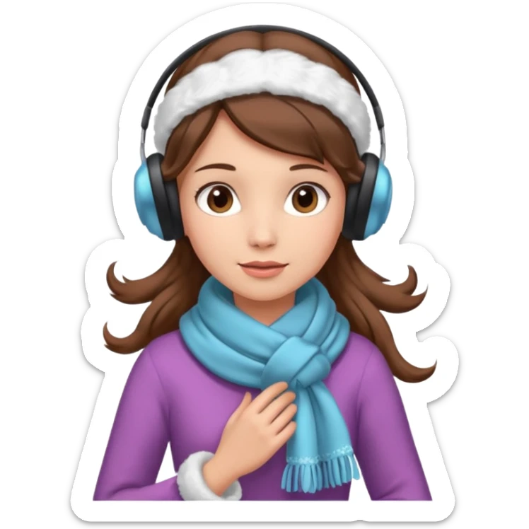 Victorian ice skater in a long dress. She is wearimg a scarf and earmuffs. She has brown hair. sticker