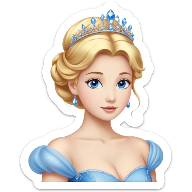 Cinematic Stunning Cinderella Portrait Emoji, Radiant in her sparkling blue ball gown, golden hair in a perfect updo, soft blue eyes full of wonder, glistening tiara, glowing with an ethereal beauty, regal yet kind, a dreamlike aura surrounds her, capturing the essence of a fairy tale princess, elegant and breathtaking! sticker