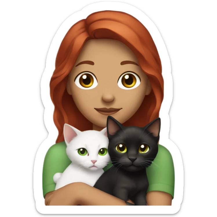 Brown red locks holding a kitten with a white woman with green eyes and black hair sticker