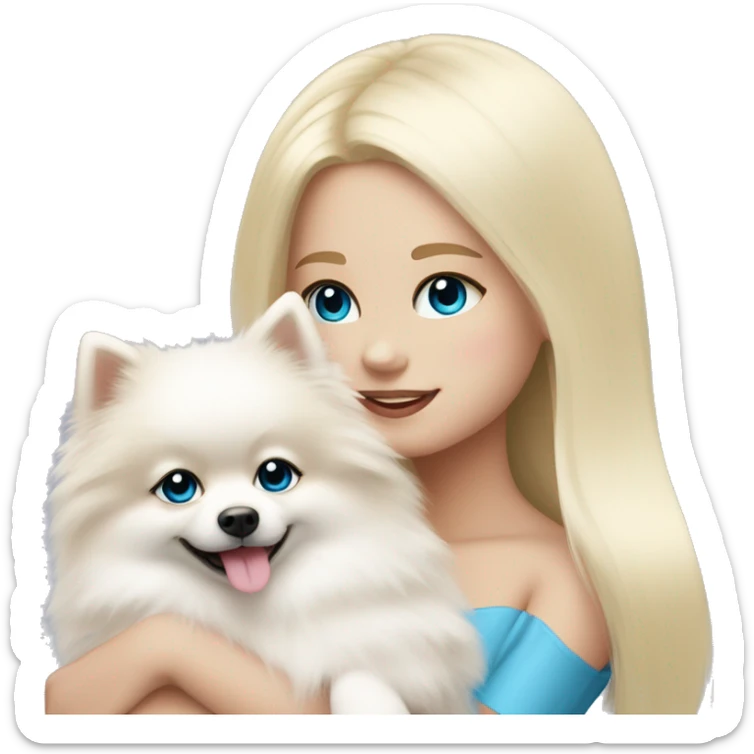 Blond girl white skin blue eyes hugging white Pomeranian with light pink bow sticker