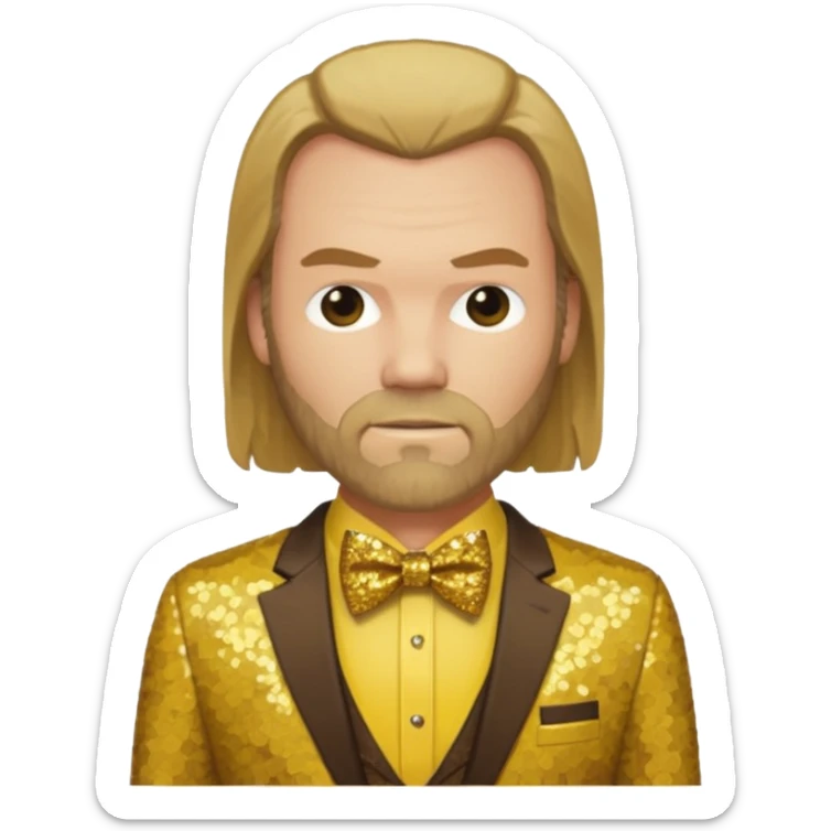 Tyler Mane with long dark blonde hair, yellow shirt, brown sequin suit with bow tie sticker