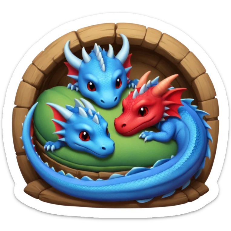 un couple de dragons, un rouge et un bleue trop mignons endormis dans leur tanière. sticker
