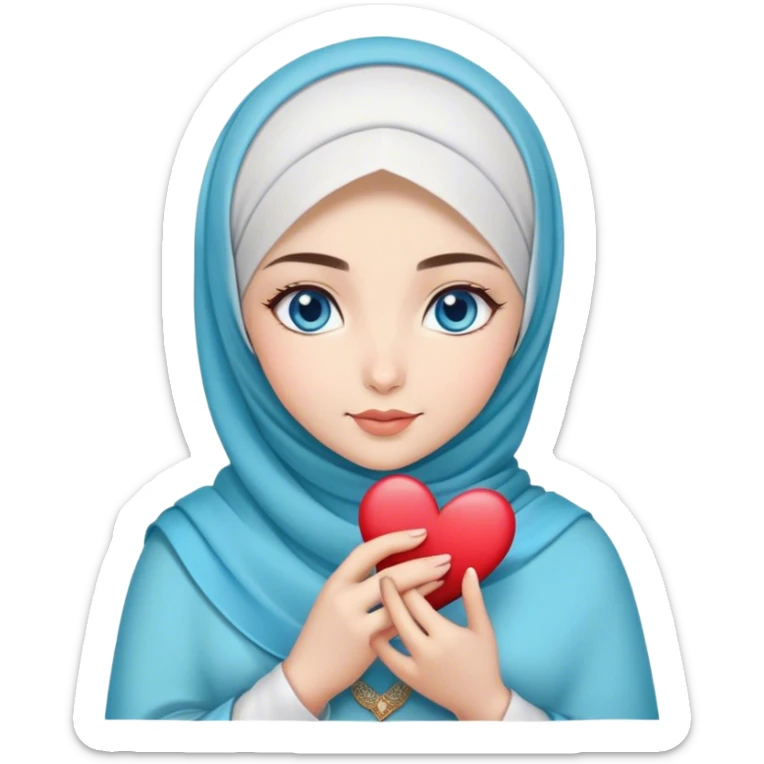 Turkish beautiful finish Konya girl blue eyes with magnolia flower design hijab and hold heart in her hand  sticker
