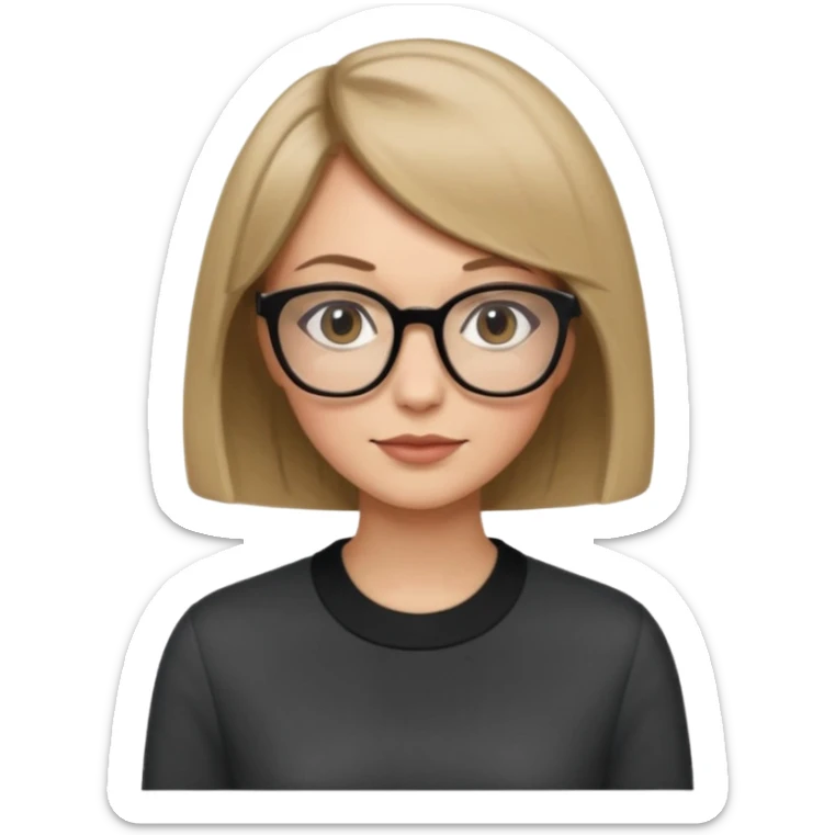woman dark blonde petite bob haircut wears dark squarish glasses, classic clothes sticker