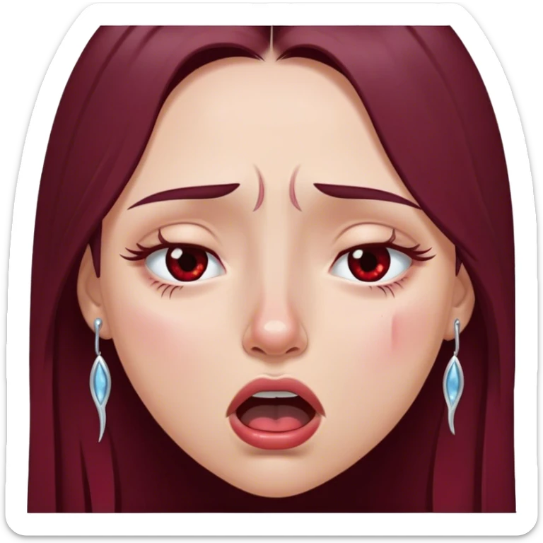emoji of girl crying hysterically with tears dripping down eyes with mouth closed with maroon dark long hair in a middle part with straight nose hazel eyes medium perfect eye brows with  a nose ring silver on the right nostril  sticker