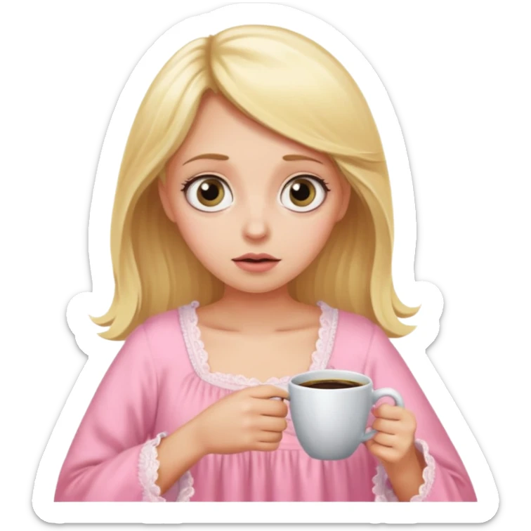 A blonde woman in a pink nightgown with wide eyes looks for coffee. sticker