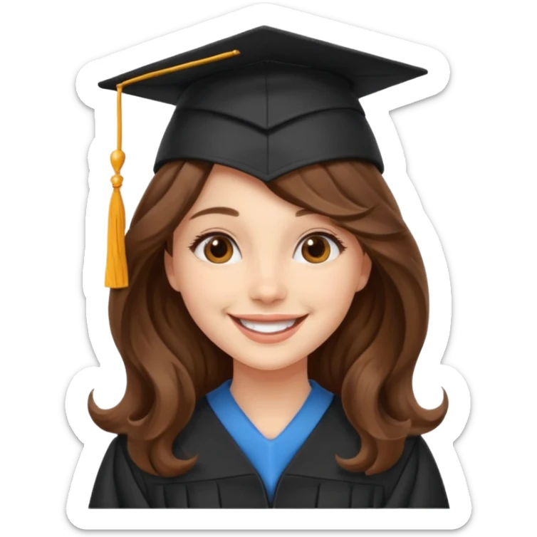 Graduated Students, Cheerful girl, long brown wavy hair, wearing graduation cap sticker