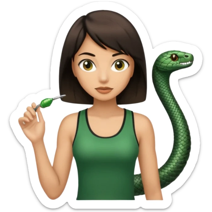 Femme brune yeux marron avec une coupe carré noir , femme couleur de peau typé, avec un cobra a côté , débardeur noir sticker