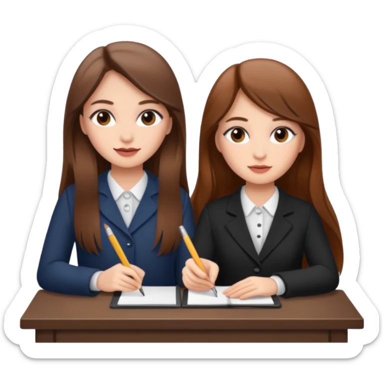 TWO BROWN HAIRED GIRLS DOING PROJECT ON JOB, PROFESSIONAL AND CUTE , LONG HAIR MAKEUP sticker